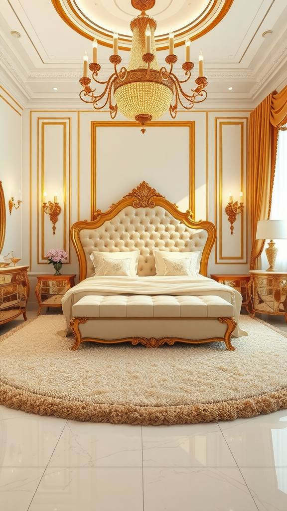 Luxurious golden-themed master bedroom with tufted bed, chandelier, and elegant decor.