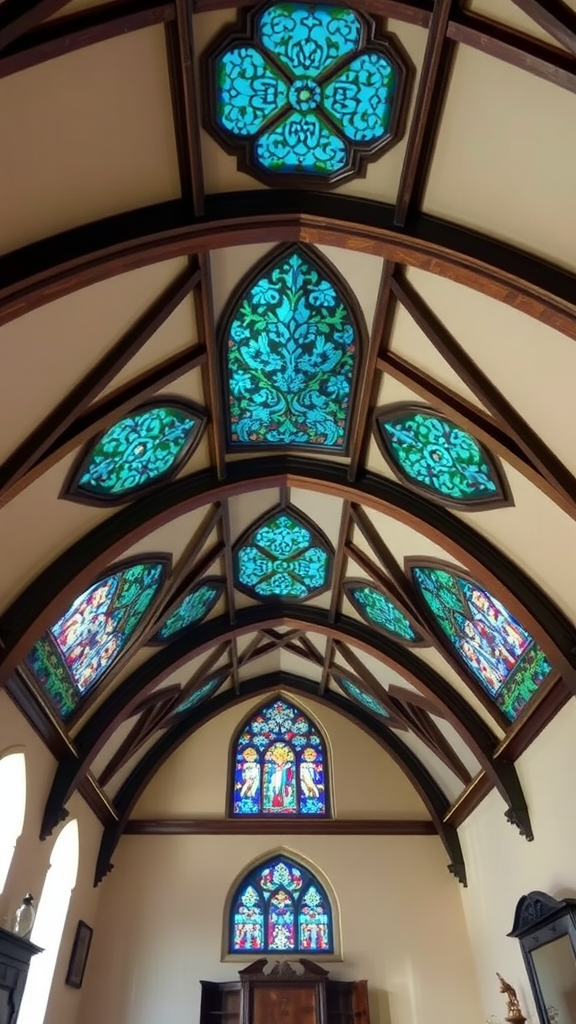 Gothic arch ceiling with stained glass panels in a bedroom