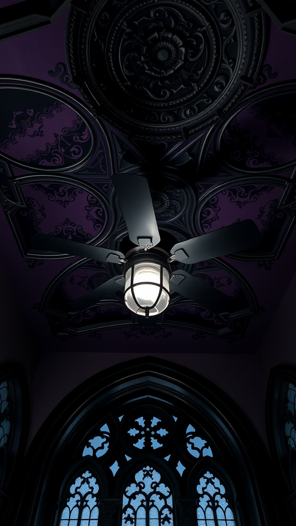 Gothic ceiling design with a modern fan in a bedroom