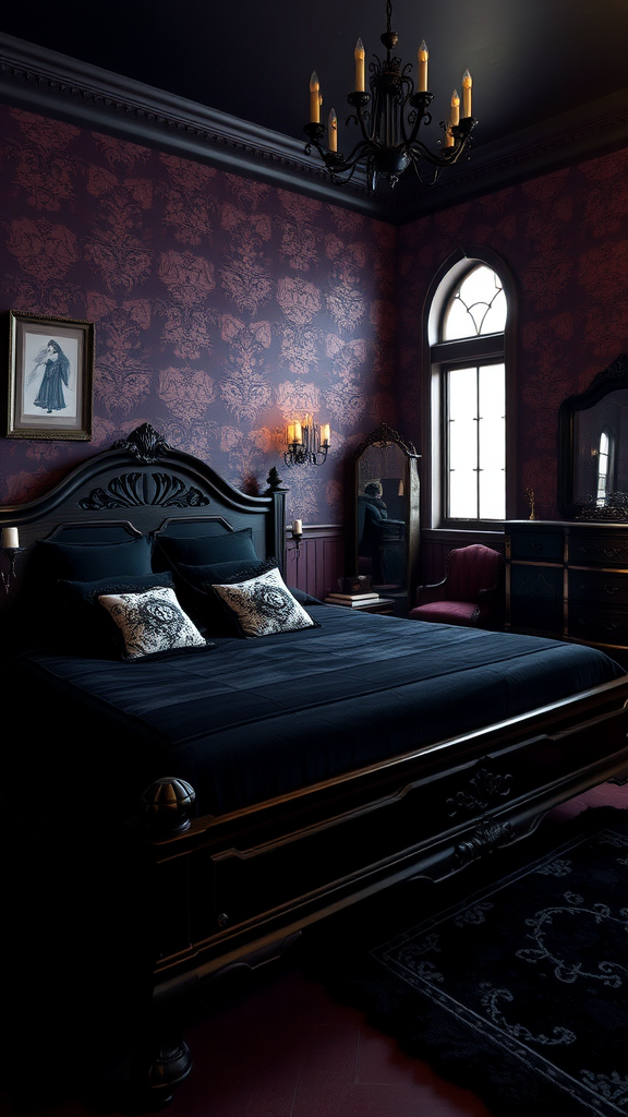 A gothic chic bedroom featuring a black bed, dark patterned wallpaper, a chandelier, and vintage decor.