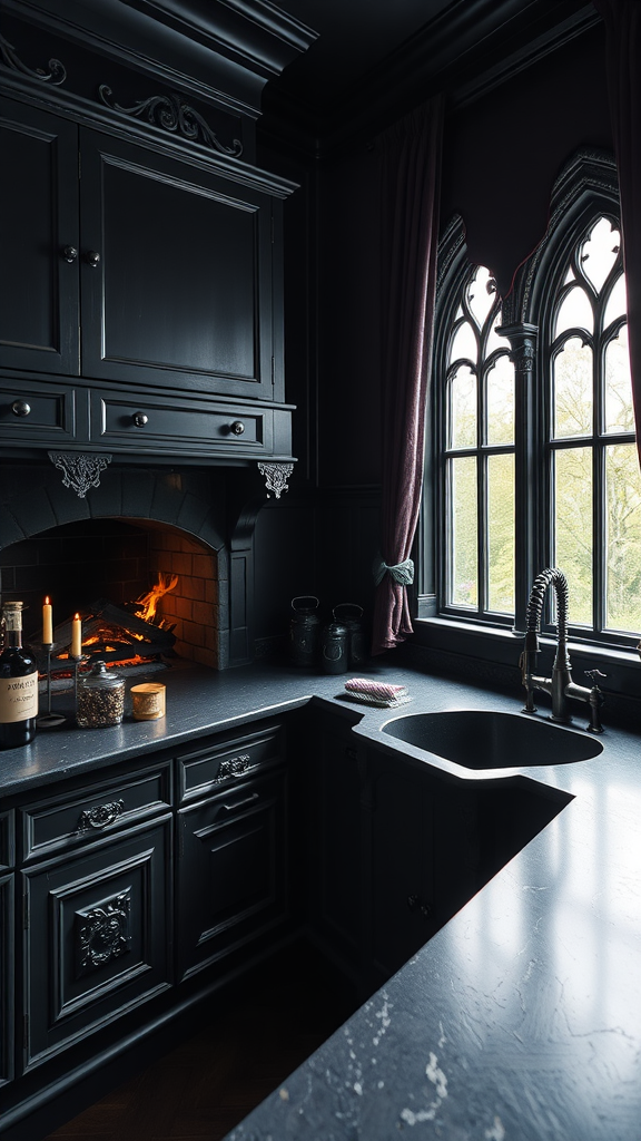 A gothic cottage kitchen featuring dark cabinetry, an inviting fireplace, and large arched windows with draped curtains.