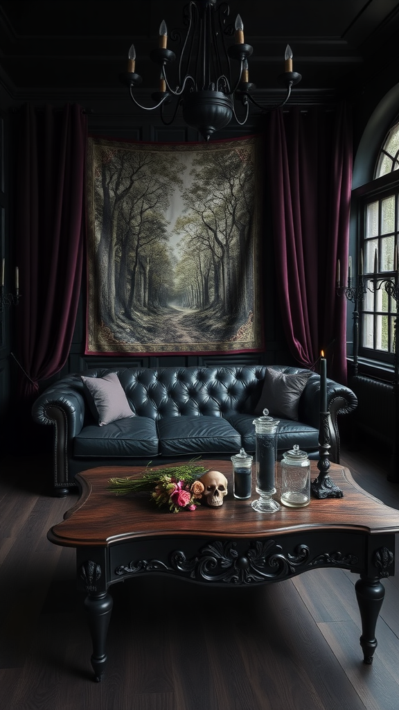 A gothic-inspired living room featuring a black leather sofa, dark wood coffee table with floral arrangement and skull, deep burgundy curtains, and a forest tapestry.