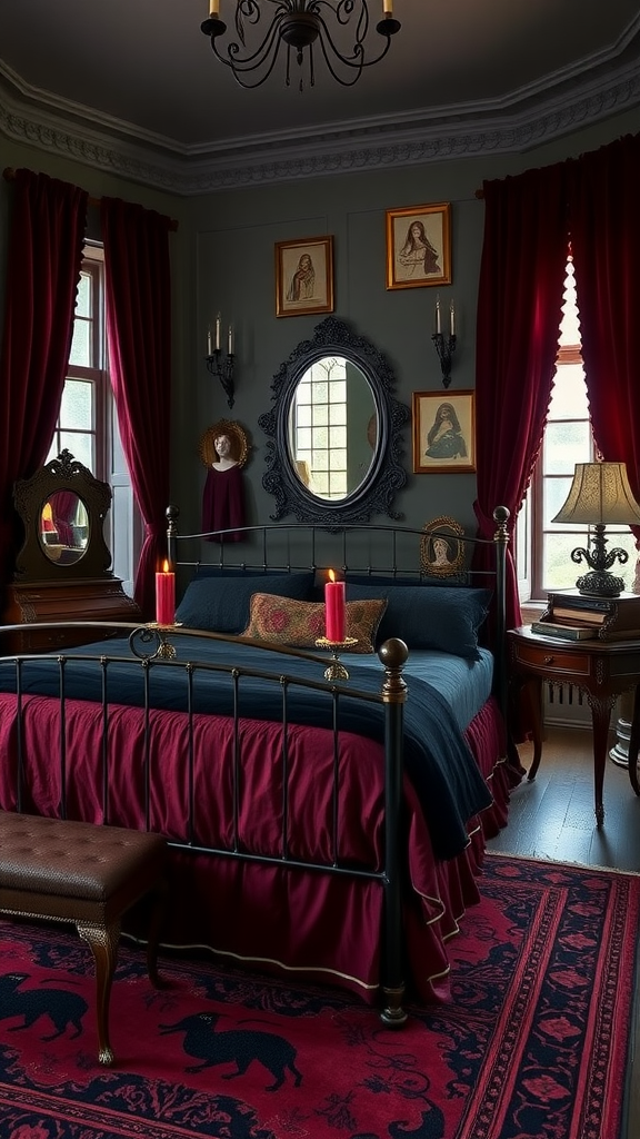 A gothic-themed bedroom featuring dark red curtains, a black metal bed, and vintage artwork.