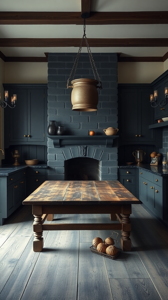 A gothic farmhouse kitchen featuring a large wooden table, a vintage light fixture, dark cabinetry, and a stone fireplace.