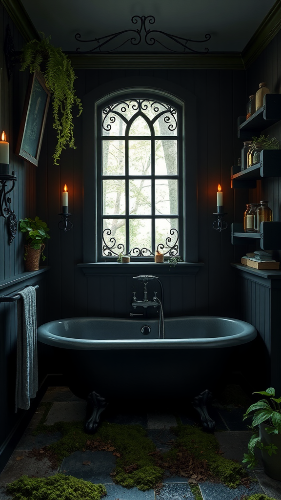 A gothic bathroom featuring a black freestanding bathtub, dark walls, candles, and natural plants