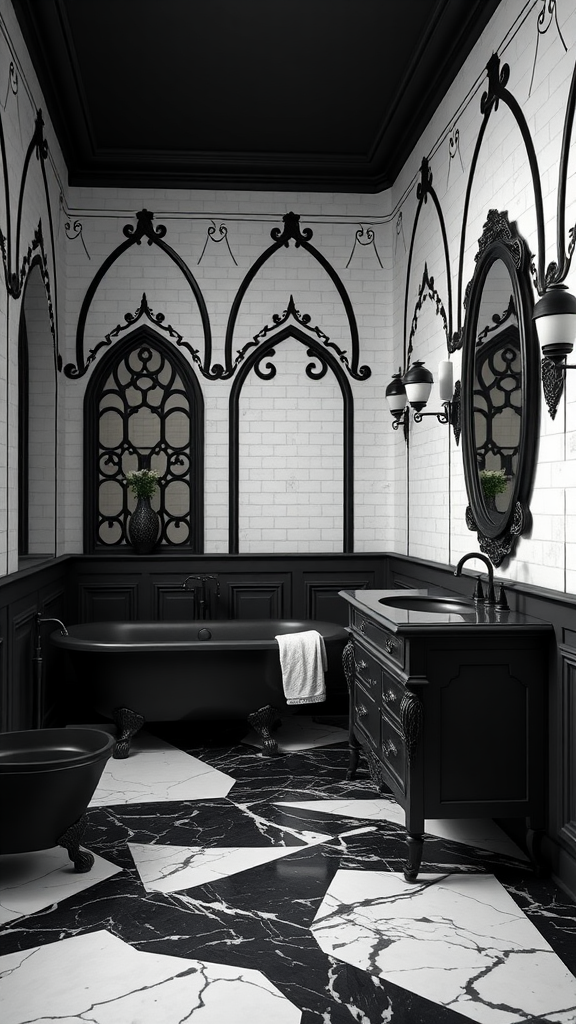 A Gothic-inspired black and white bathroom featuring intricate designs, a black tub, and luxurious marble flooring.