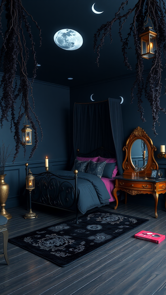 A dark Gothic bedroom featuring a four-poster bed, moonlit ceiling, and elegant decor.