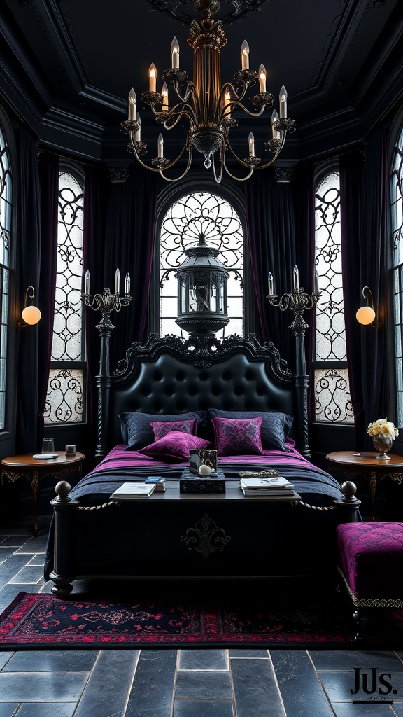 Gothic Revival master bedroom featuring dark walls, an ornate bed, and a chandelier.