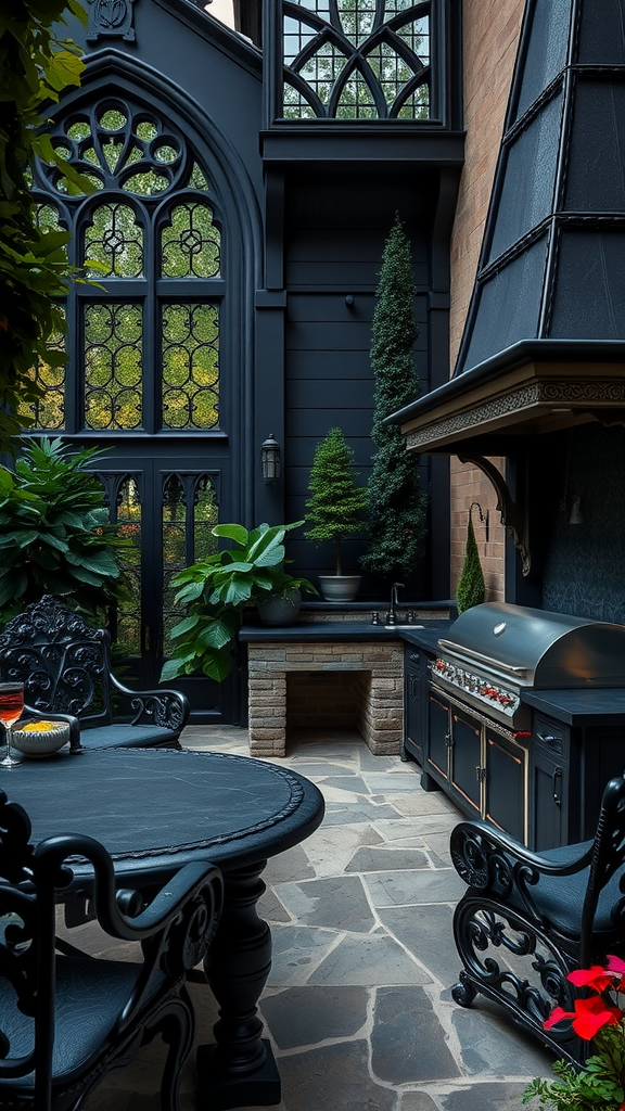 Gothic Revival outdoor kitchen patio featuring arched windows, black cabinetry, stone accents, and lush greenery.