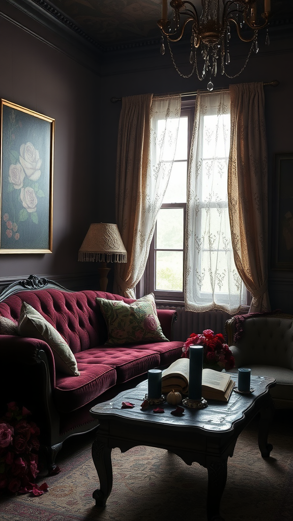 A dark living room featuring a burgundy sofa, candles, and rose petals, with a vintage chandelier illuminating the space.