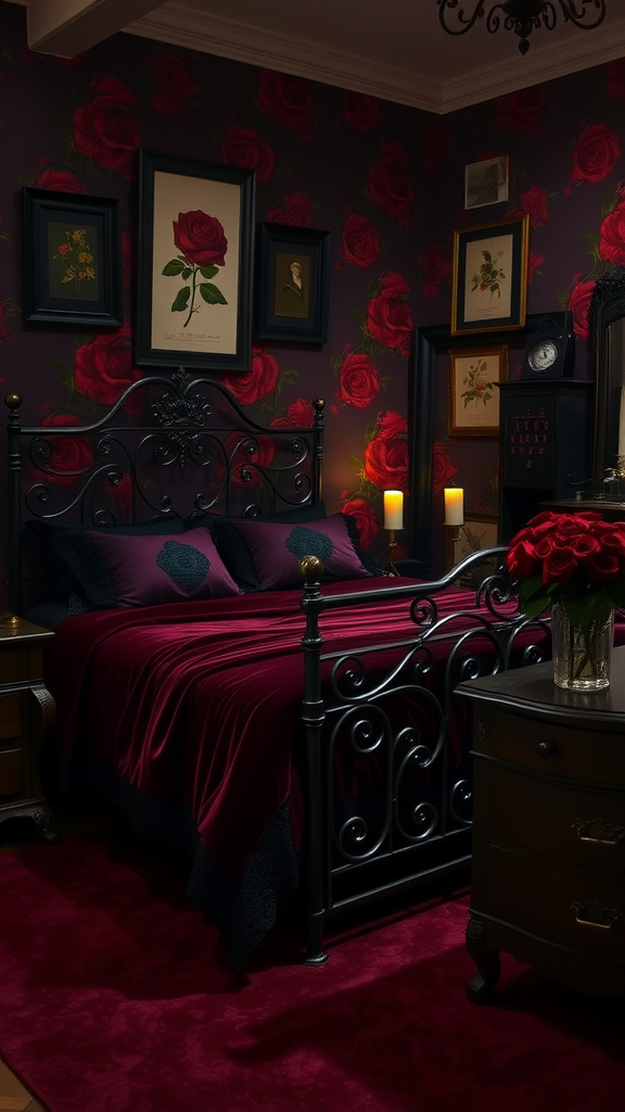 A gothic bedroom featuring dark rose wallpaper, a black iron bed with burgundy bedding, candles, and floral decor.