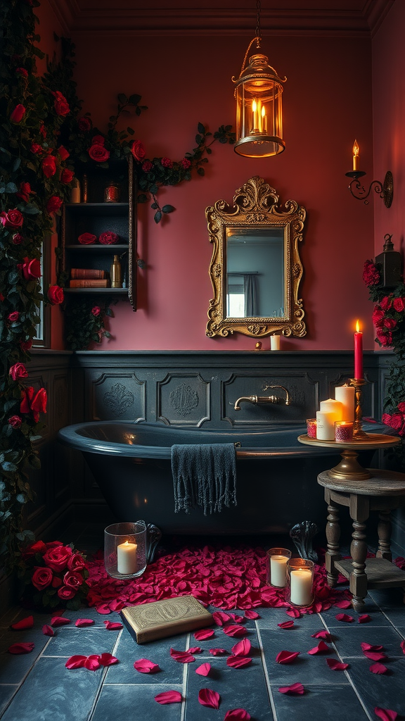 A gothic-inspired bathroom featuring a black bathtub, rose petals, candles, and dark walls.