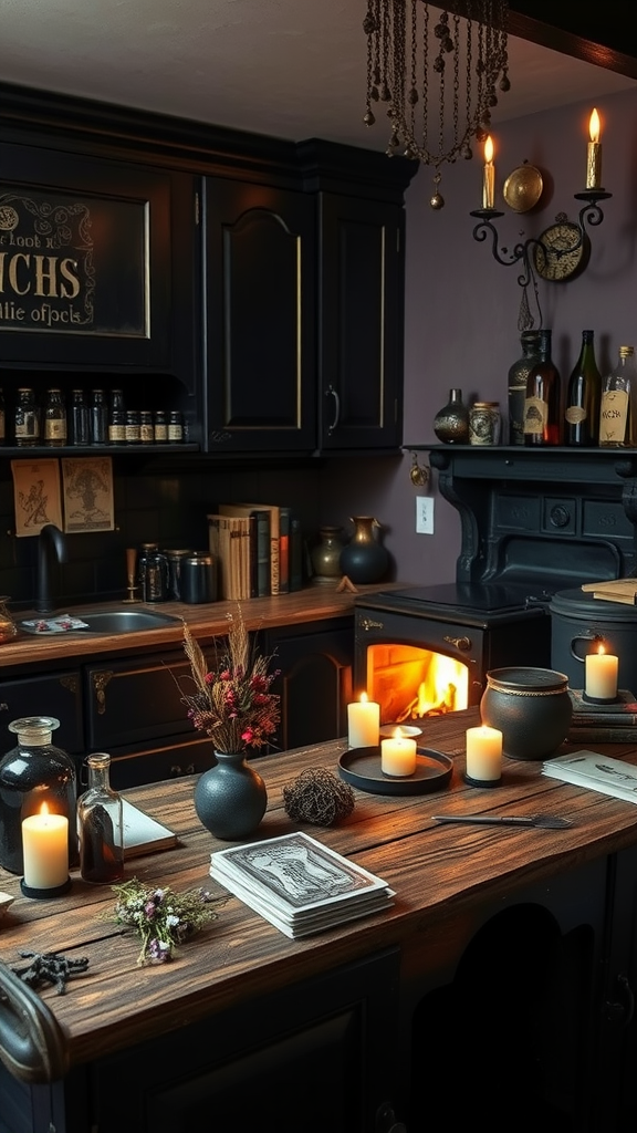 A dark, gothic kitchen featuring a cast-iron cauldron, candles, and vintage decor, exuding a witchcraft theme.