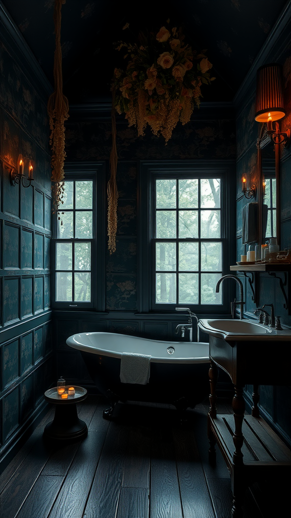 A dark cottagecore bathroom featuring a freestanding tub, blue floral wallpaper, and cozy candlelight.