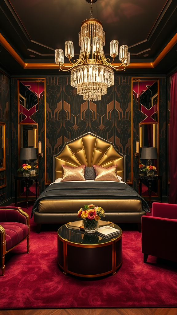 Luxurious Art Deco master bedroom featuring a plush bed, elegant chandelier, and rich decor.