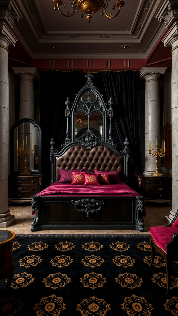 Luxurious neo-gothic master bedroom with a black upholstered bed, burgundy accents, tall columns, and ornate chandelier.