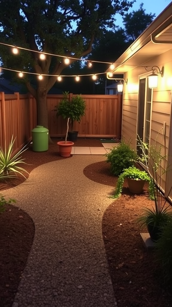 Cozy gravel patio with string lights and a small table