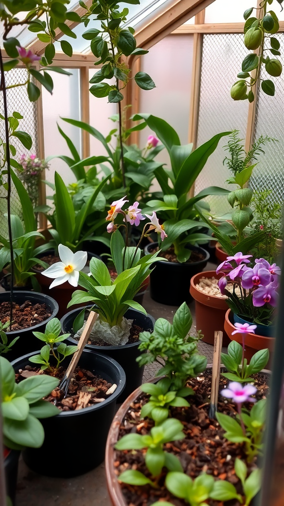 A cozy greenhouse filled with various potted plants, including orchids and leafy greens, showcasing a vibrant mini garden.