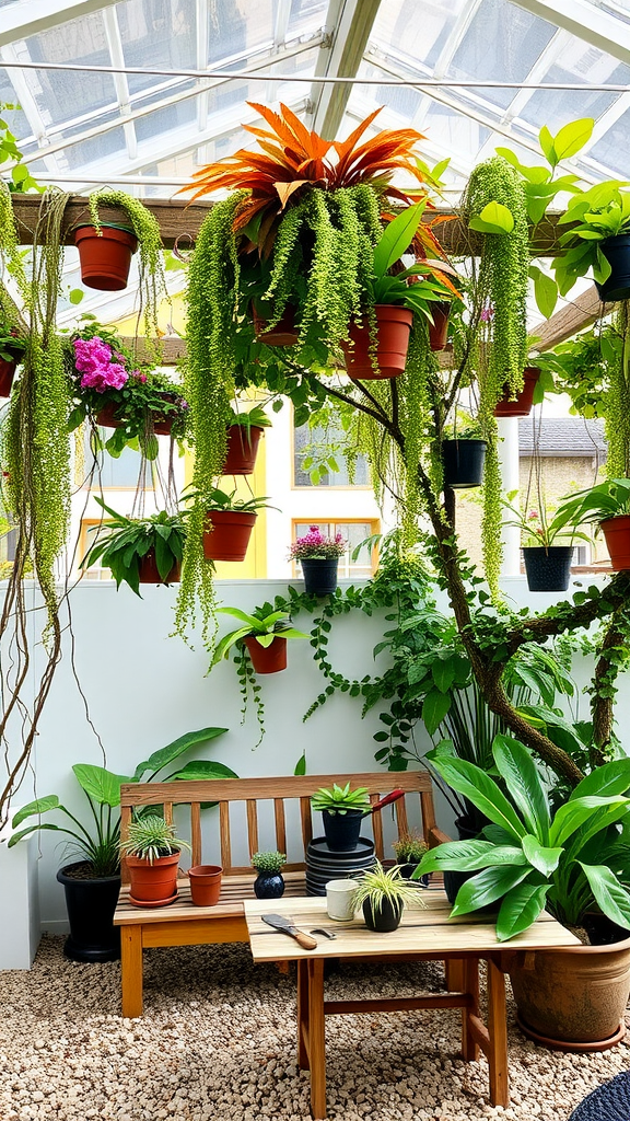 A greenhouse pergola with various hanging plants and a wooden bench.