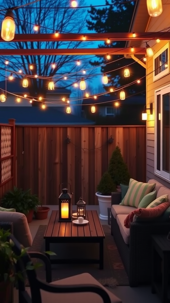 Cozy back patio with hanging string lights and lanterns illuminating a seating area.