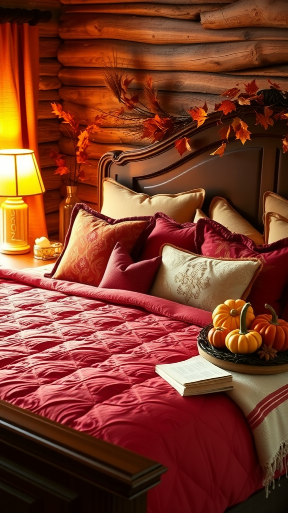 Cozy fall bedroom with red bedding, decorative pumpkins, and autumn leaves.