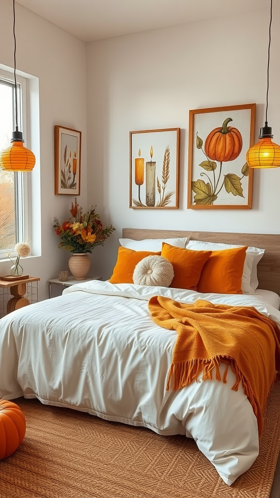 A cozy fall-themed bedroom featuring orange decor, pumpkin artwork, and warm lighting.