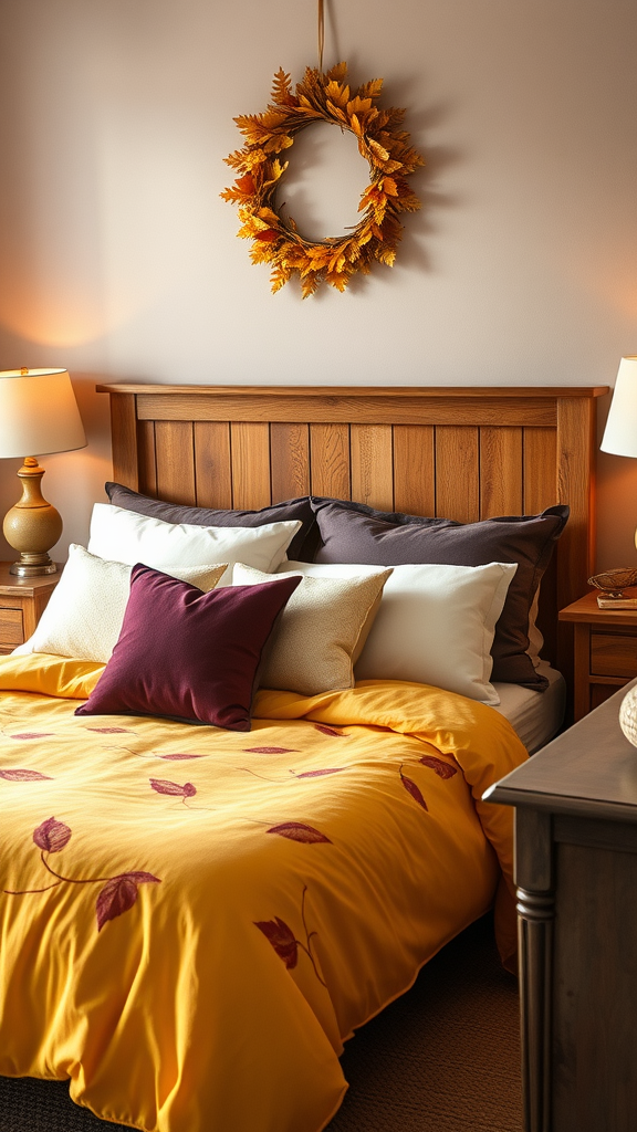 Cozy fall bedroom with yellow comforter, leaf decorations, and warm lighting