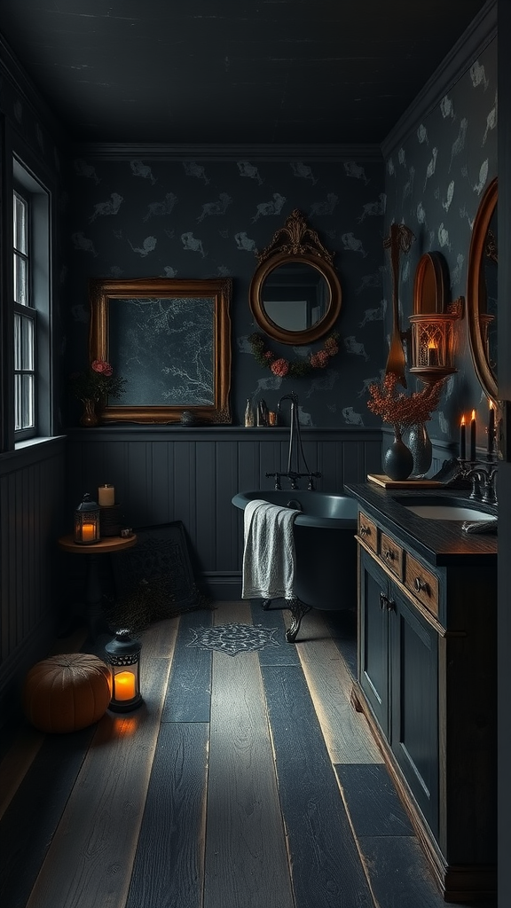 A dark cottage bathroom with a vintage black bathtub, ghost-patterned walls, candles, and a cozy vibe.