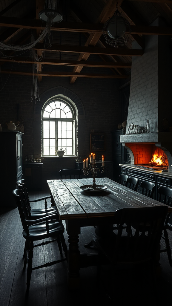 A dark, atmospheric cottage kitchen featuring a wooden table, candlelight, and a glowing fireplace.