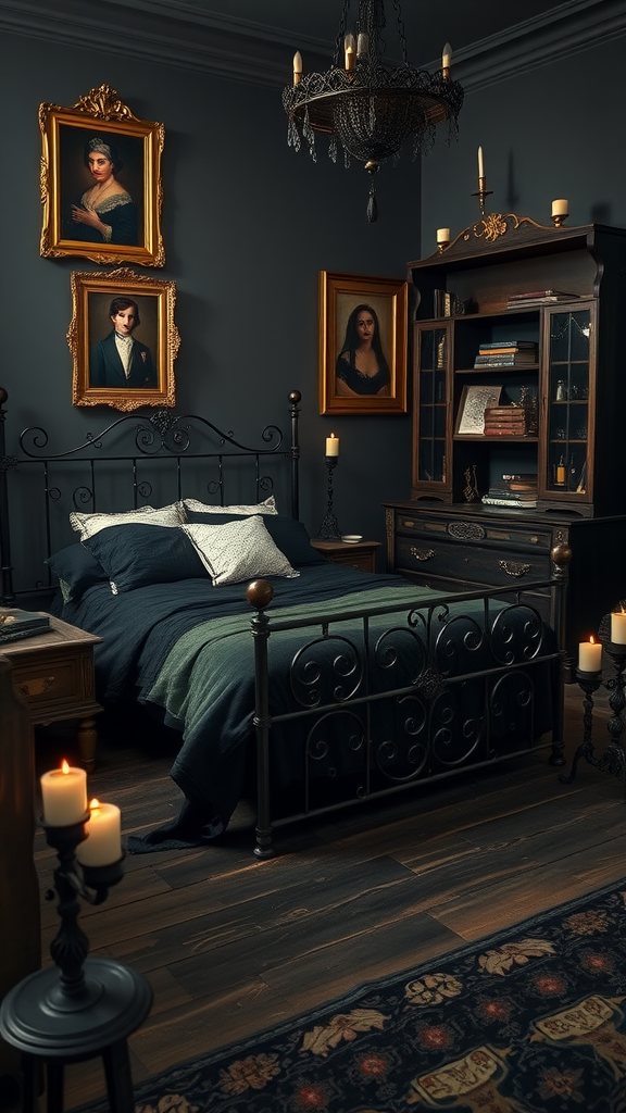 A dark cottagecore bedroom featuring a metal bed, candles, and vintage portraits.