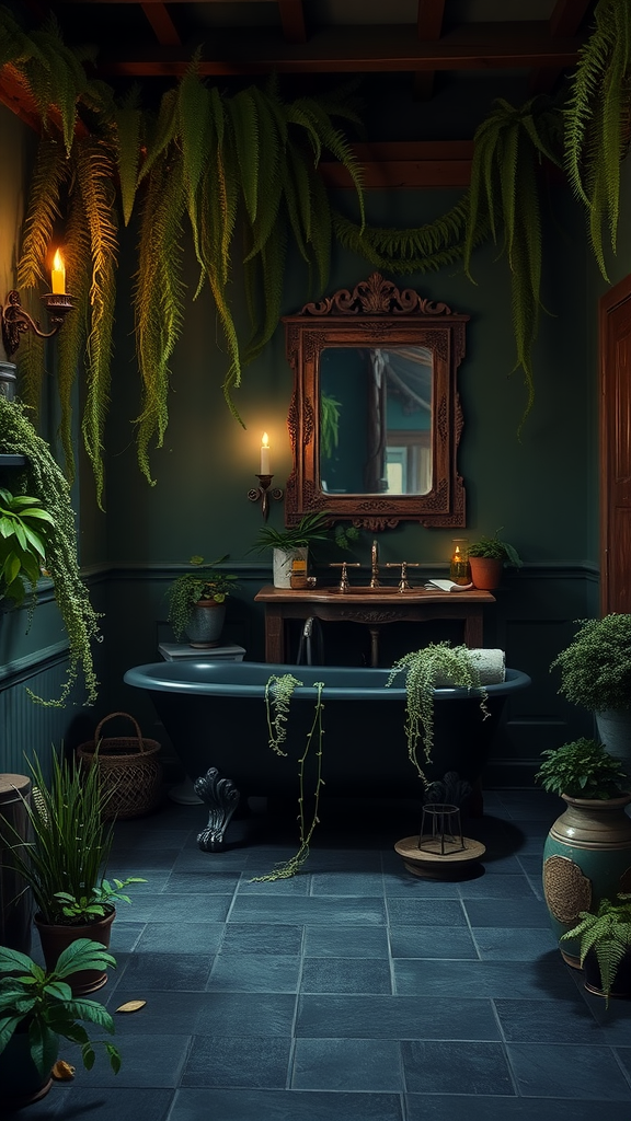 A dark, cozy bathroom featuring a deep bathtub surrounded by cascading ferns and plants, with candlelight and vintage decor.