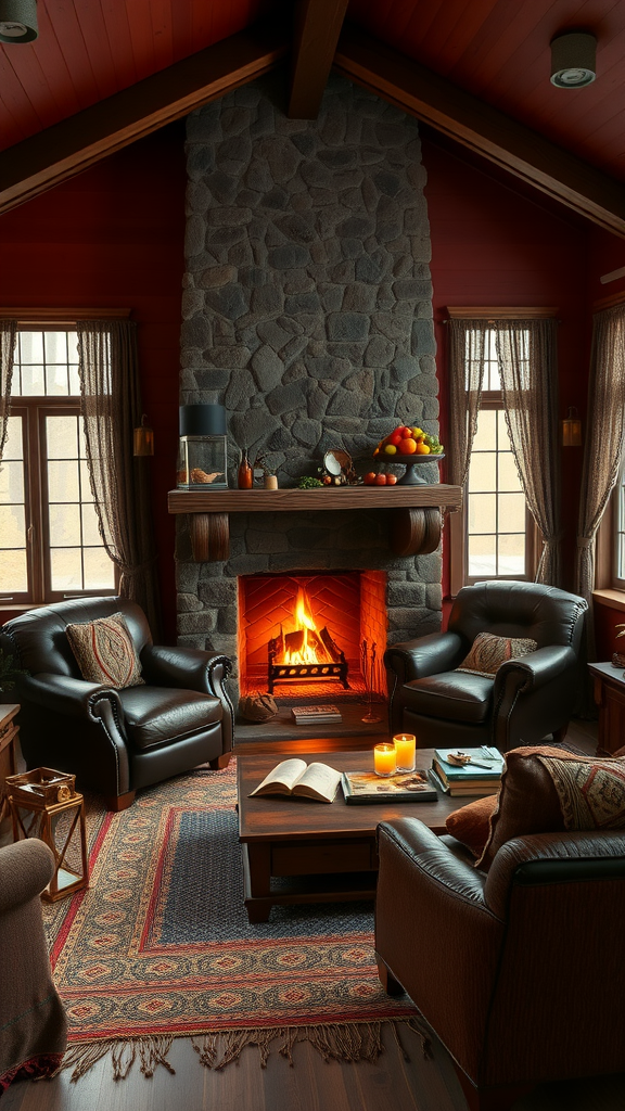 Cozy living room with stone fireplace, leather chairs, and autumn decorations.