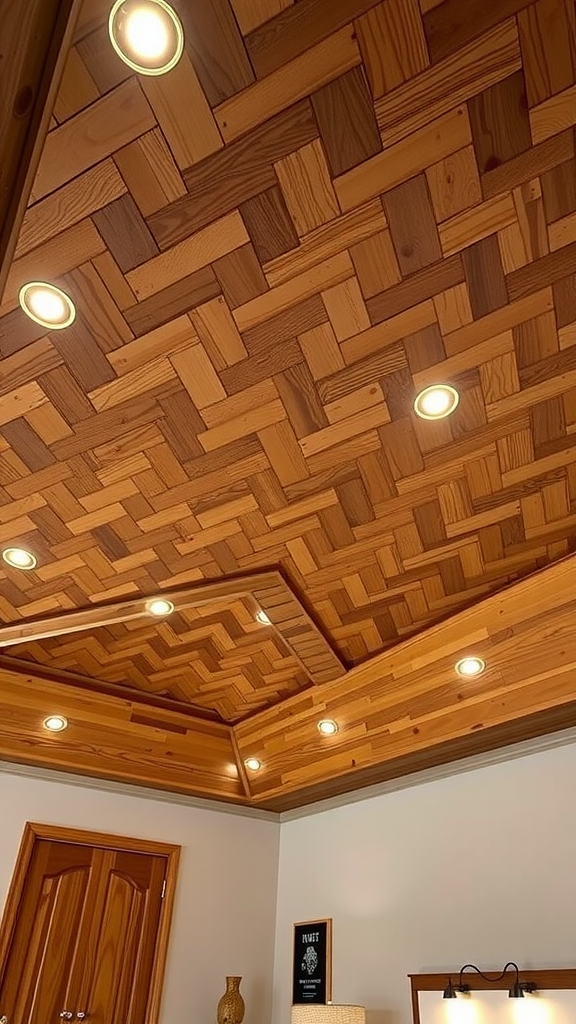 Image of a herringbone wood ceiling with warm tones and recessed lighting in a bedroom.