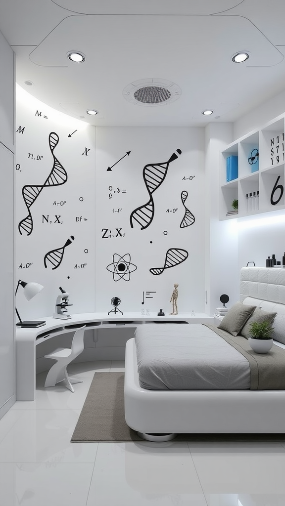 A modern bedroom designed as a high-tech science lab with scientific motifs and sleek furniture.