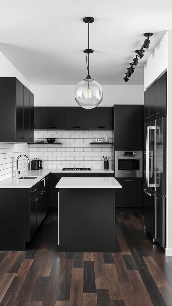 Black and white modern kitchen with sleek cabinetry and an island