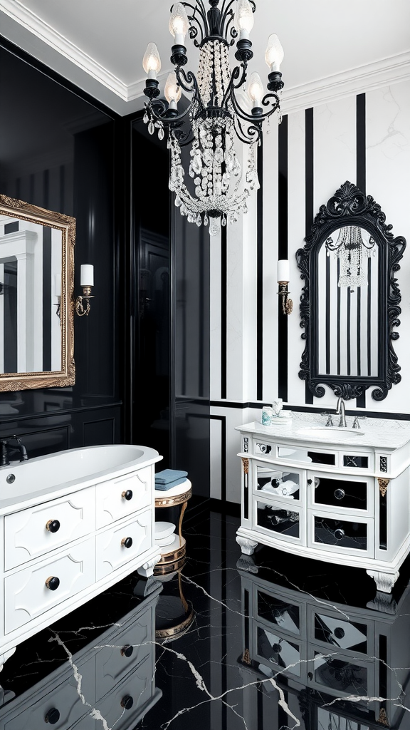 Luxurious black and white bathroom featuring a freestanding bathtub, ornate chandelier, and elegant vanity.