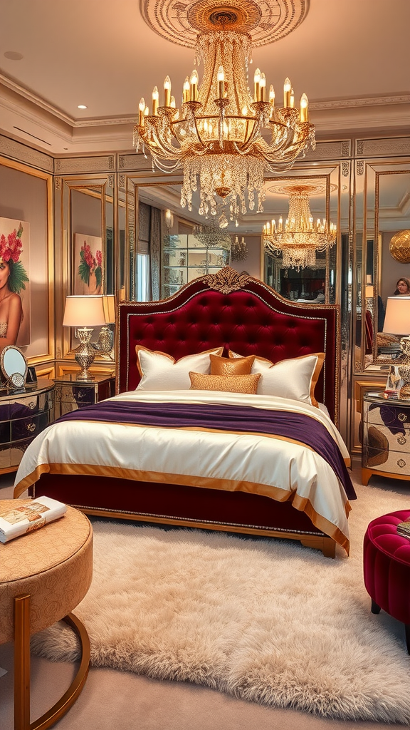 A glamorous bedroom with a red headboard, luxurious bedding, and metallic accents.