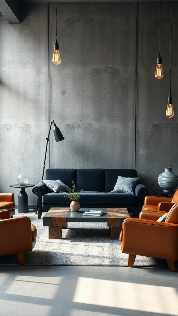 An industrial-inspired mid-century modern living room featuring a blue sofa, orange armchairs, a wooden coffee table, and unique lighting.