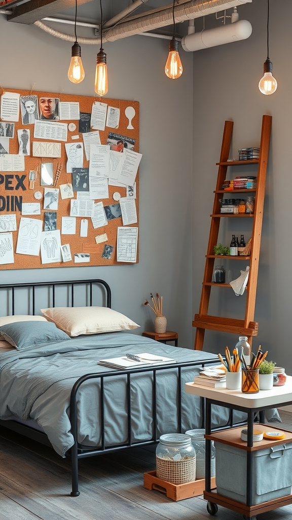 A modern industrial-themed bedroom with a metal bed, corkboard wall, and wooden shelving displaying art supplies.