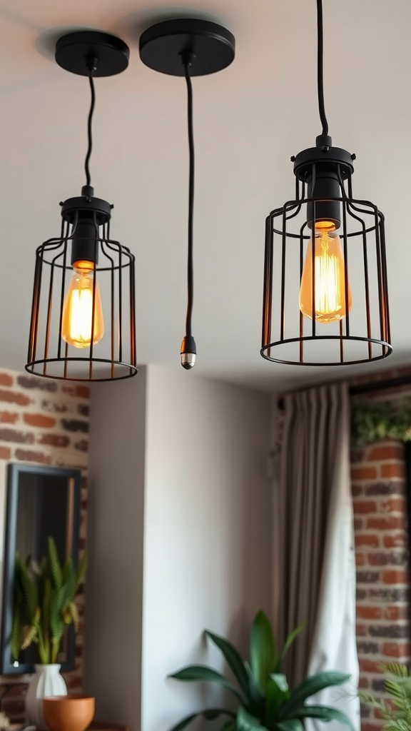 Two industrial cage pendant lights hanging from a ceiling, illuminating a cozy bedroom with a stylish design.