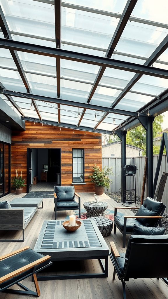 An industrial chic covered patio featuring a transparent roof, wooden siding, and modern furniture.