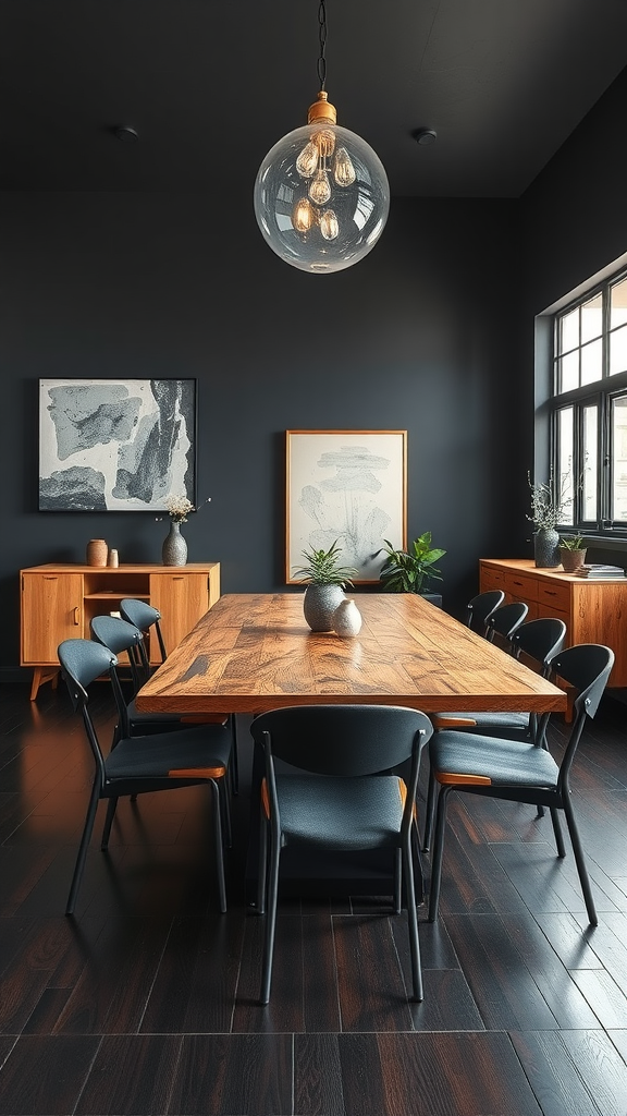 A stylish mid-century modern dining room featuring a large wooden table, black chairs, dark walls, and industrial lighting.