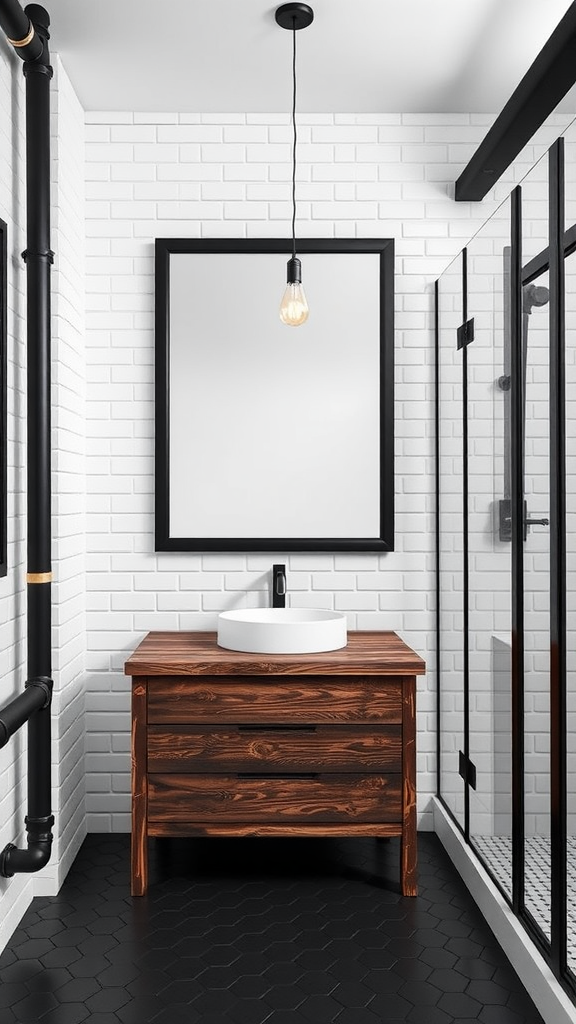 Industrial chic bathroom featuring black and white design with exposed pipes, a wooden vanity, and hexagonal floor tiles.