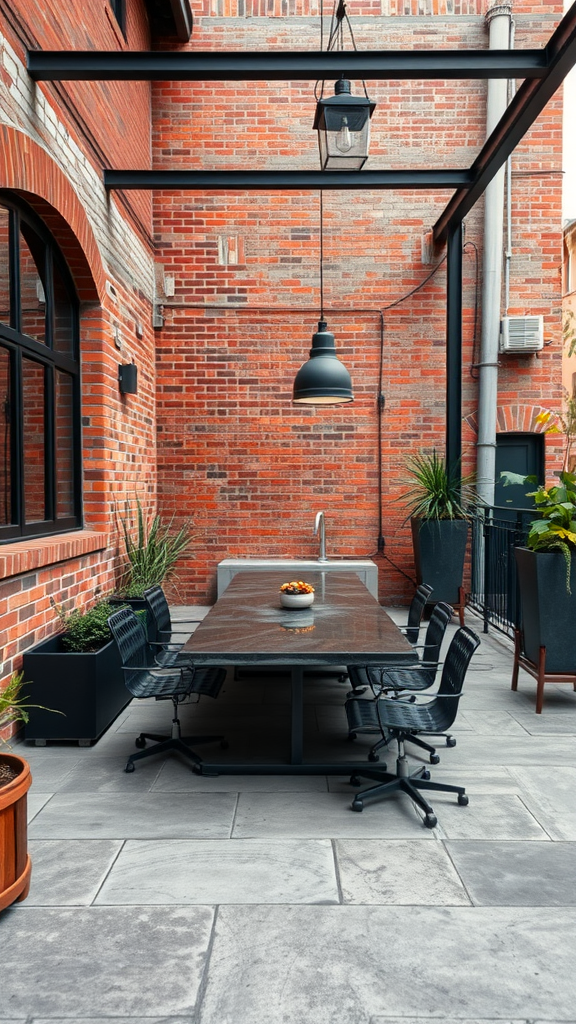 An industrial concrete patio featuring exposed brick walls, a large table, black chairs, and hanging lights adorned with greenery.