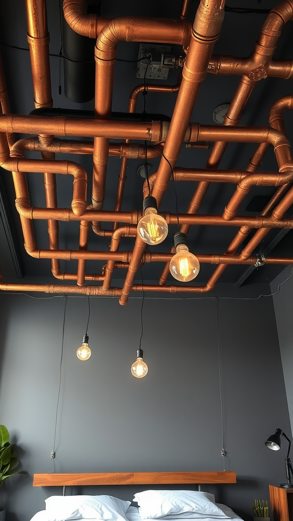 An industrial-style bedroom ceiling featuring copper pipes and vintage light bulbs.