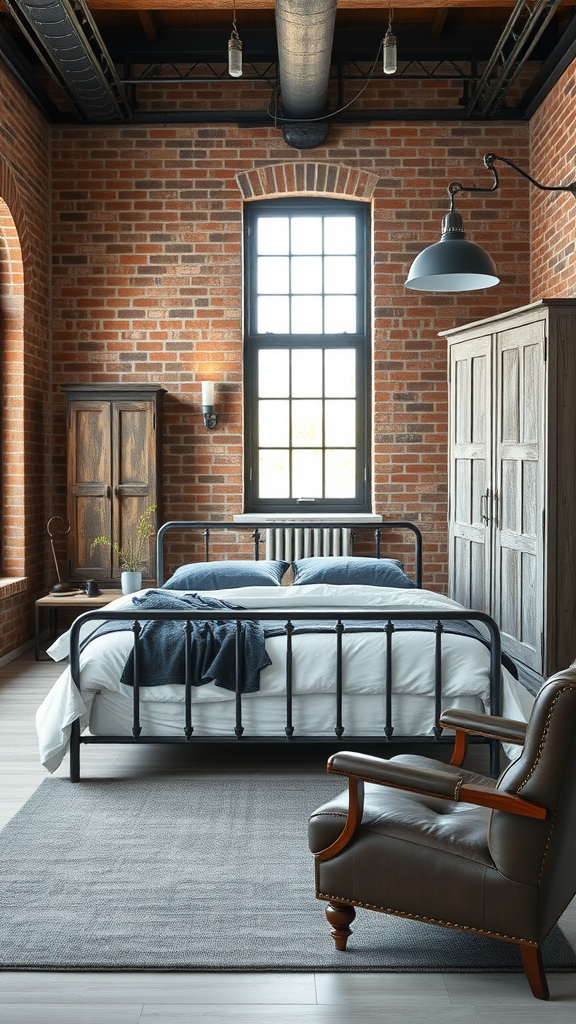 An industrial French country bedroom featuring exposed brick walls, a metal bed frame, and a cozy armchair.