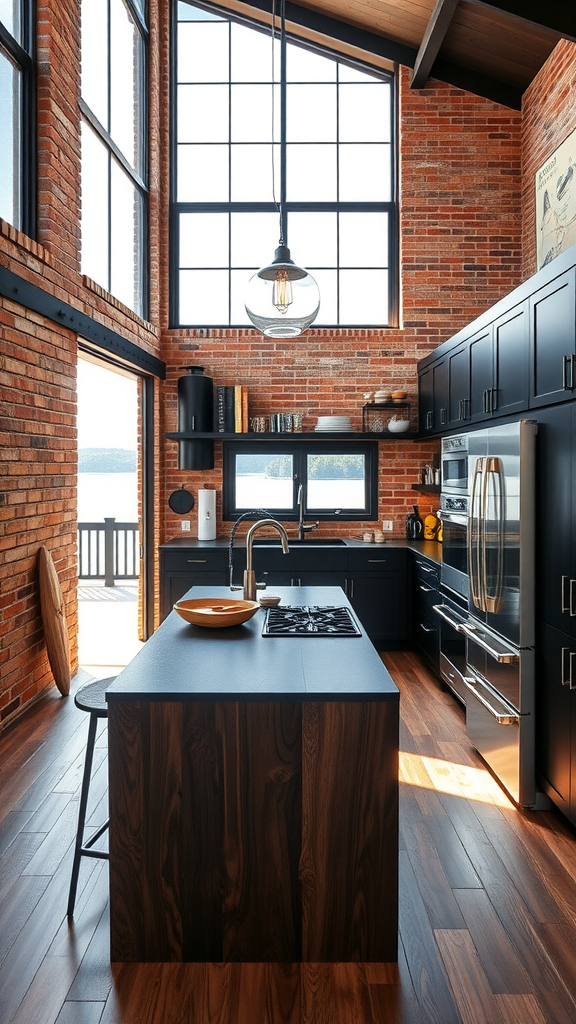 A stylish industrial kitchen with brick walls, large windows, a central island, and modern appliances.