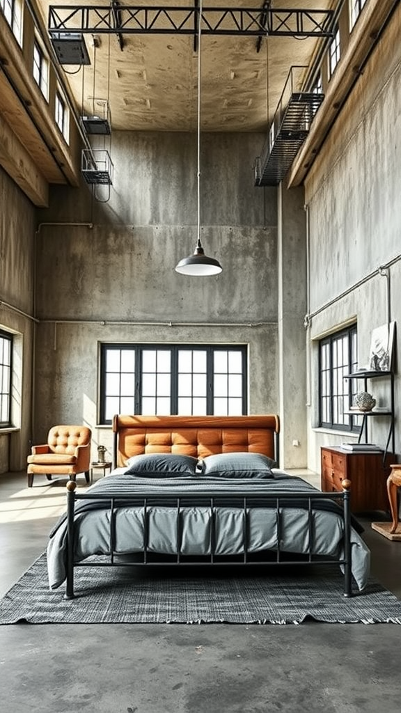 An industrial loft bedroom featuring concrete walls, a black bed frame, gray bedding, and an orange accent chair.