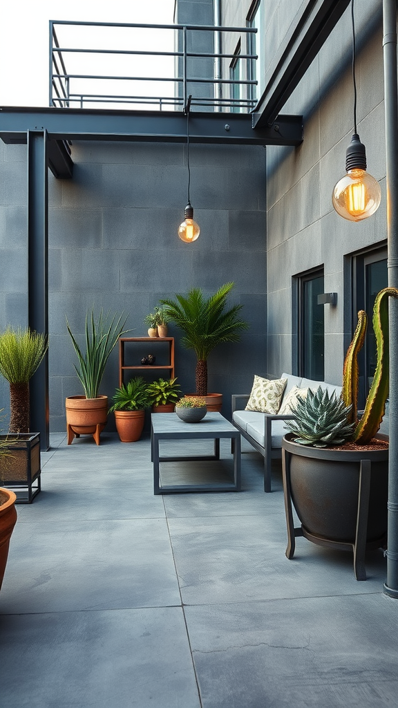 An industrial loft concrete patio featuring metal accents, hanging Edison bulbs, and rustic plant pots.