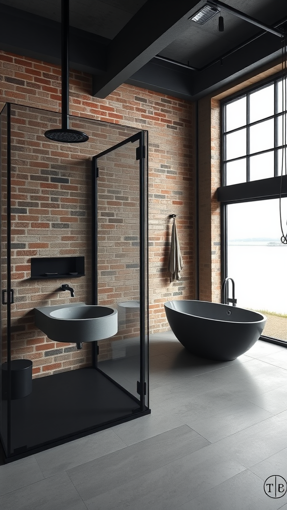 An industrial style bathroom with exposed brick walls, a glass shower, and a freestanding black bathtub.